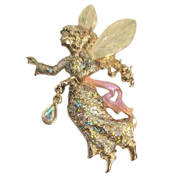 KIRKS FOLLY Gold Tone Enamel Fairy Angel Brooch with Dangle Charm - Picture 5 of 9